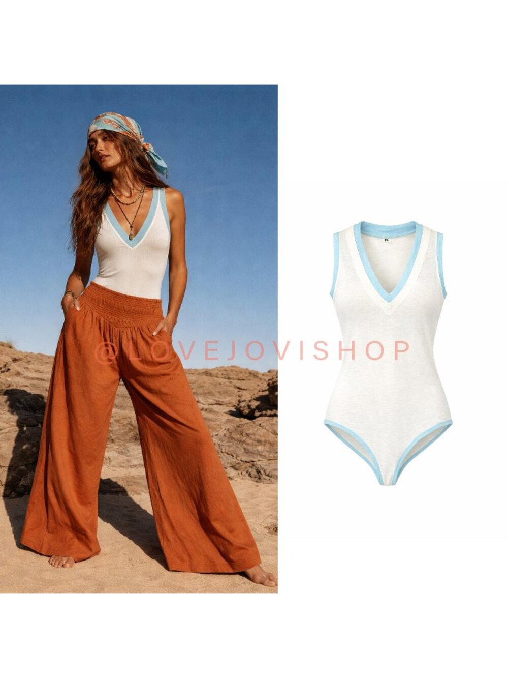 Bohemian | Free People Tank Bodysuit | Cotton Blend | Robin Egg Blue & Cream | L